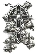 3 crosses woth clouds and sun   tattoo design idea