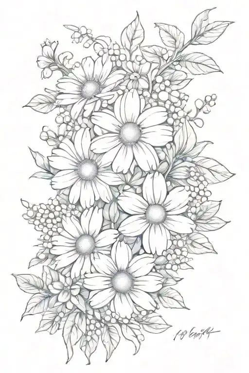 daisy and cosmos and holly berry bouquet   tattoo design idea