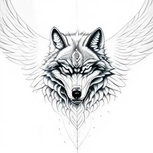 evil wolf head. In the background angel wings the up a wide dark forest of the bottom with outlines of tattoo design idea