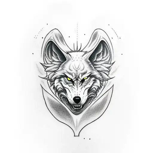 evil wolf head. angel wings. surrounded by dark forest tattoo design idea
