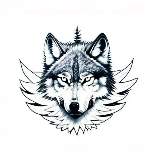 evil wolf head in the foreground. In the background angel wings the up a wide dark forest of the bottom with outlines of tattoo design idea
