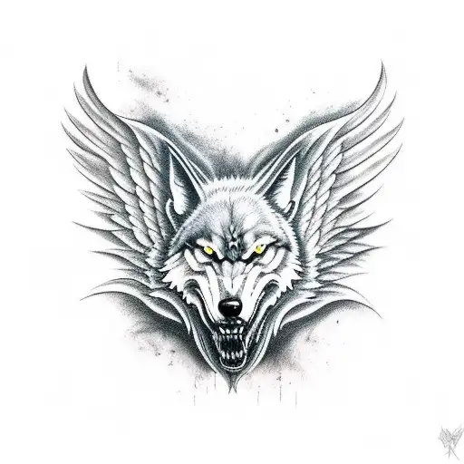evil wolf head, angel wings up, big dark forest tattoo design idea