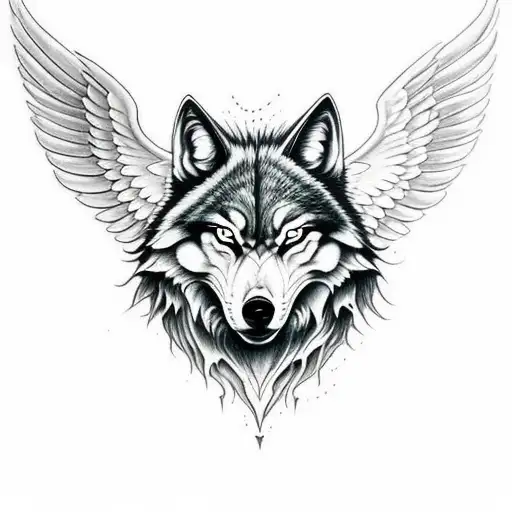 evil wolf head. angel wings with dark forest outlines tattoo design idea