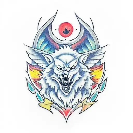 evil wolf head. angel wings. surrounded by Forest tattoo design idea