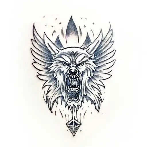 evil wolf head. angel wings. dark forest outlines tattoo design idea