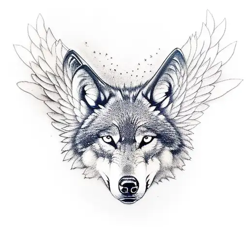 Wolf head with transition to angel wings with transition to dark forest on horizon tattoo design idea