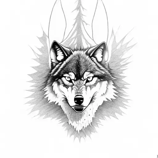 Evil wolf head as foreground. In the background a dark forest, with outlines of angel wings. tattoo design idea