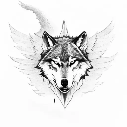 Evil wolf head as foreground. In the background a big dark forest, with outlines of angel wings. tattoo design idea