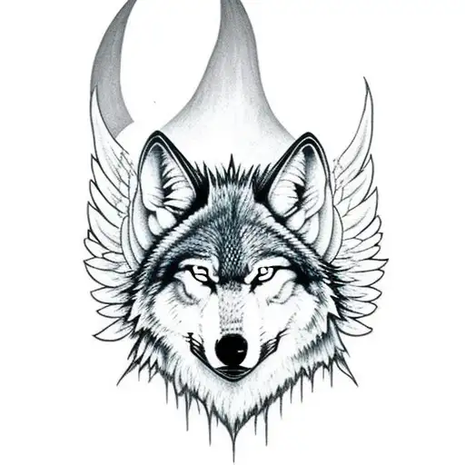 evil wolf head in the foreground. In the background angel wings the up a wide dark forest of the bottom with outlines of tattoo design idea