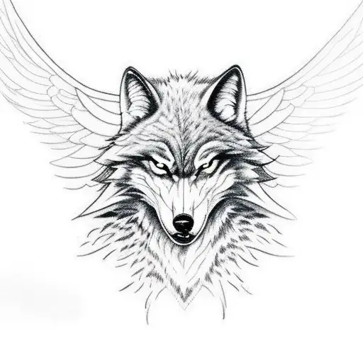 evil wolf head in the foreground. In the background angel wings the up a wide dark forest of the bottom with outlines of tattoo design idea