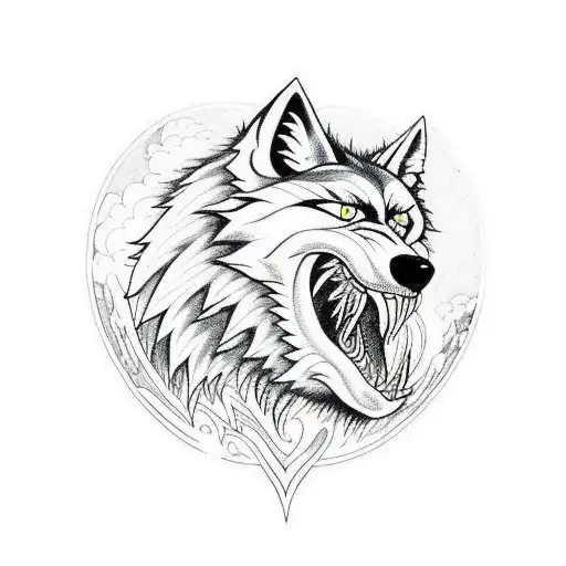 Evil wolf head as foreground. In the background a big dark forest, with outlines of angel wings. tattoo design idea