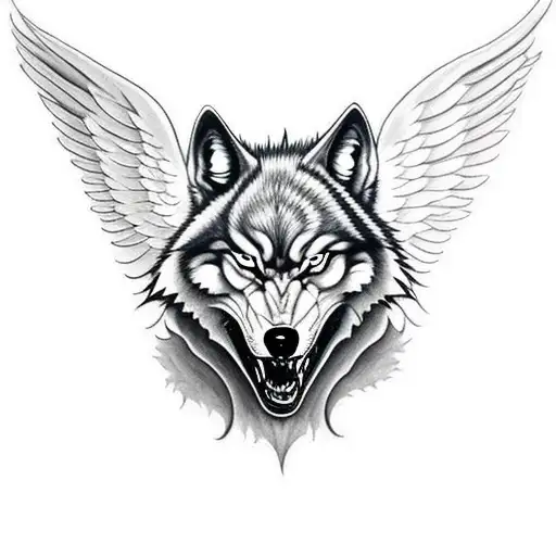evil wolf head. background angel wings up dark forest outlines tattoo design idea