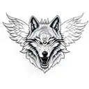 evil wolf head. In the background angel wings the up a wide dark forest of the bottom with outlines of tattoo design idea
