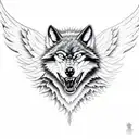 evil wolf head. In the background angel wings the up a wide dark forest of the bottom with outlines of tattoo design idea