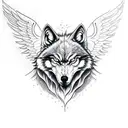 evil wolf head. In the background angel wings the up a wide dark forest of the bottom with outlines of tattoo design idea