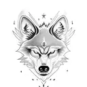 Evil wolf head as foreground. In the background a dark forest, with outlines of angel wings. tattoo design idea