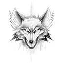 Evil wolf head as foreground. In the background a dark forest, with outlines of angel wings. tattoo design idea