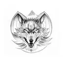 Evil wolf head as foreground. In the background a dark forest, with outlines of angel wings. tattoo design idea