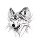 evil wolf head in the foreground. In the background angel wings the up a wide dark forest of the bottom with outlines of tattoo design idea