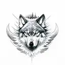 evil wolf head in the foreground. In the background angel wings the up a wide dark forest of the bottom with outlines of tattoo design idea