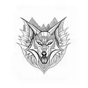 Evil wolf head as foreground. In the background a big dark forest, with outlines of angel wings. tattoo design idea