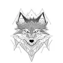 Evil wolf head as foreground. In the background a big dark forest, with outlines of angel wings. tattoo design idea