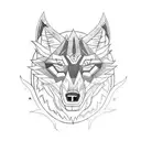 Evil wolf head as foreground. In the background a big dark forest, with outlines of angel wings. tattoo design idea