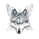 evil wolf head with angel wings, surrounded by dark forest tattoo design idea