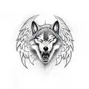 evil wolf head with angel wings, surrounded by dark forest tattoo design idea