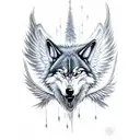 evil wolf head with angel wings, surrounded by dark forest tattoo design idea