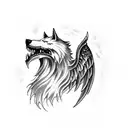 evil wolf head with angel wings, surrounded by dark forest tattoo design idea