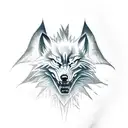 Evil wolf head in the foreground. In the background angel wings the up a wide dark forest of the bottom with outlines of tattoo design idea