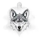 Evil wolf head in the foreground. In the background angel wings the up a wide dark forest of the bottom with outlines of tattoo design idea