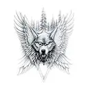 Evil wolf head in the foreground. In the background angel wings the up a wide dark forest of the bottom with outlines of tattoo design idea