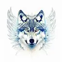 Wolf head with transition to angel wings with transition to dark forest on horizon tattoo design idea