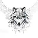 evil wolf head in the foreground. In the background angel wings the up a wide dark forest of the bottom with outlines of tattoo design idea