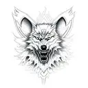 evil wolf head in the foreground. In the background angel wings the up a wide dark forest of the bottom with outlines of tattoo design idea