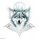 evil wolf head in the foreground. In the background angel wings the up a wide dark forest of the bottom with outlines of tattoo design idea