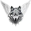 evil wolf head. background angel wings up dark forest outlines tattoo design idea