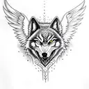 evil wolf head. background angel wings up dark forest outlines tattoo design idea