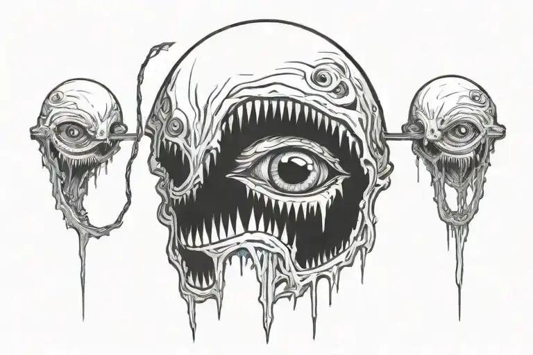 several eyes, mouth with pointed teeth, abyssal creature, being hanged, symbiosis tattoo design idea