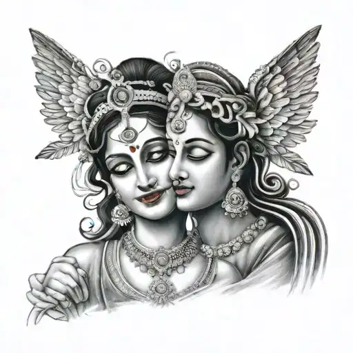 radha and krishna catching flute transforming tattoo design idea