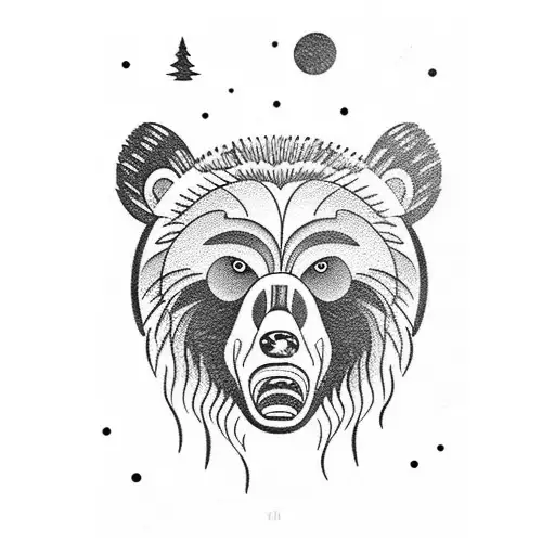 grizzly bear looking at its younger self in the reflection of a pond with a beautiful night background  tattoo design idea