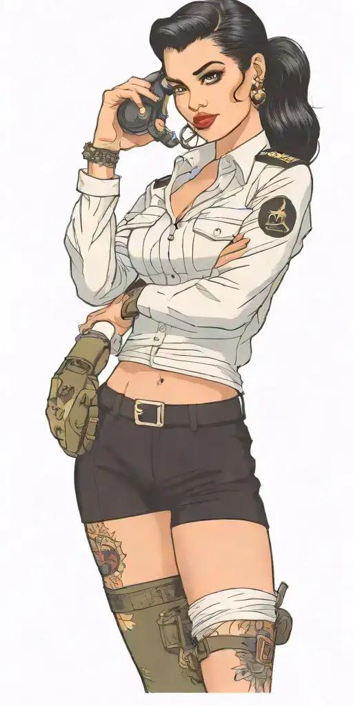 Pinup girl in army uniform,black hair, and full sleeve tattos holding grenades tattoo design idea