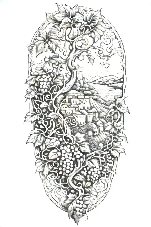 Grapevines with no grapes growing down mountian landscape with knights of vartan tattoo design idea