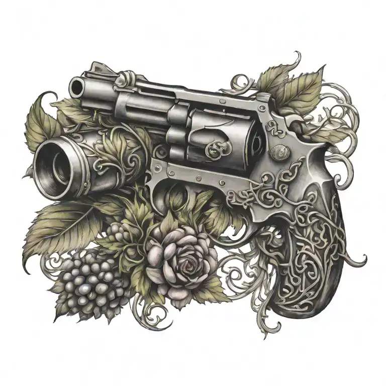 Grape vine wrapping a revolver with knot work  tattoo design idea
