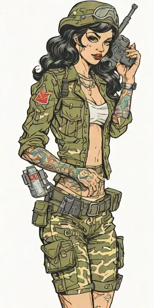 Pinup girl in army uniform,black hair, and full sleeve tattos holding grenades tattoo design idea