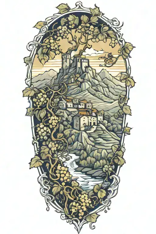 Grapevines with no grapes growing down mountian landscape with knights of vartan tattoo design idea