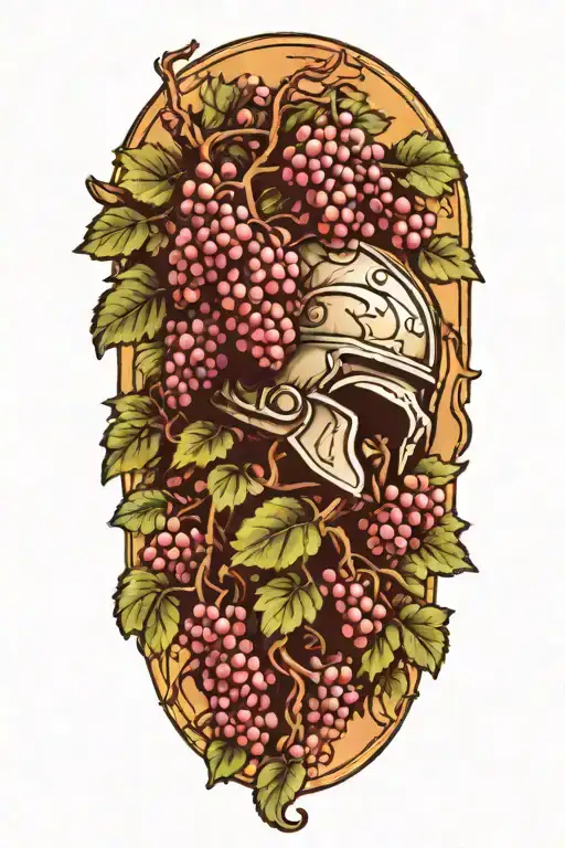 Grapevines growing down mountian landscape with spartan helmet tattoo design idea