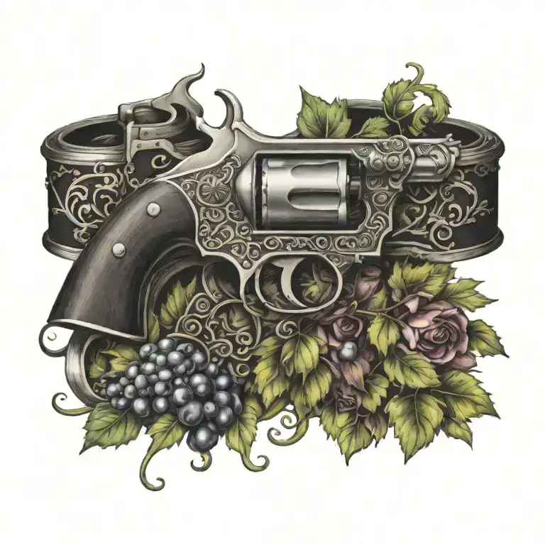 Grape vine wrapping a cattlemen  revolver with knot work  tattoo design idea